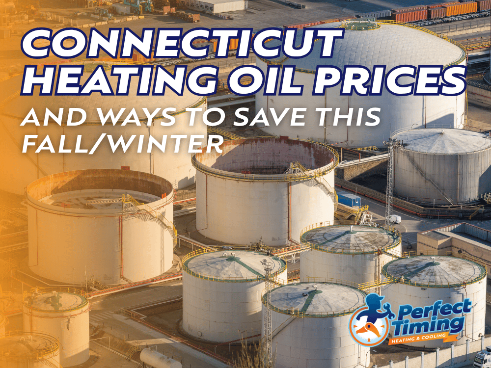 Aerial view of heating oil storage tanks with text about Connecticut heating oil prices and ways to save during fall and winter.