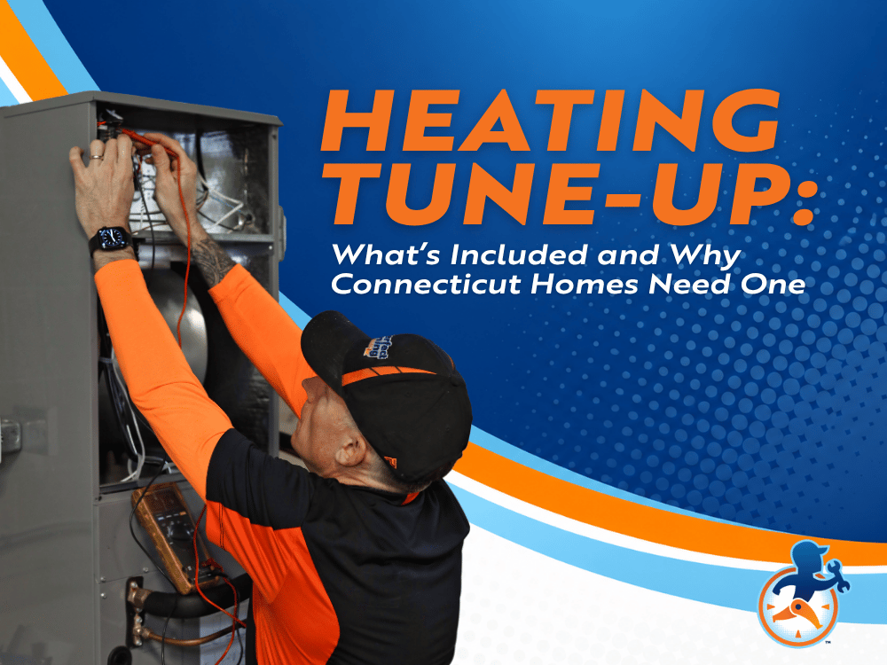Perfect Timing Heating & Cooling technician performing a heating system tune-up on a furnace. Graphic promotes a blog about what's included in a heating tune-up and why Connecticut homeowners need one.
